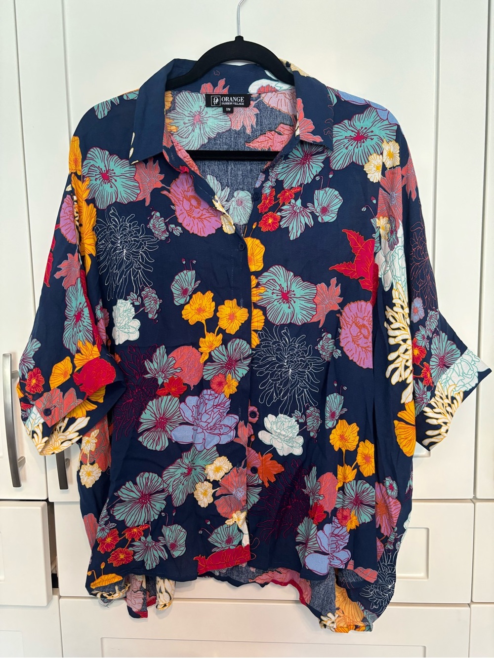 Navy Floral Top with Coral and Mint Blooms
